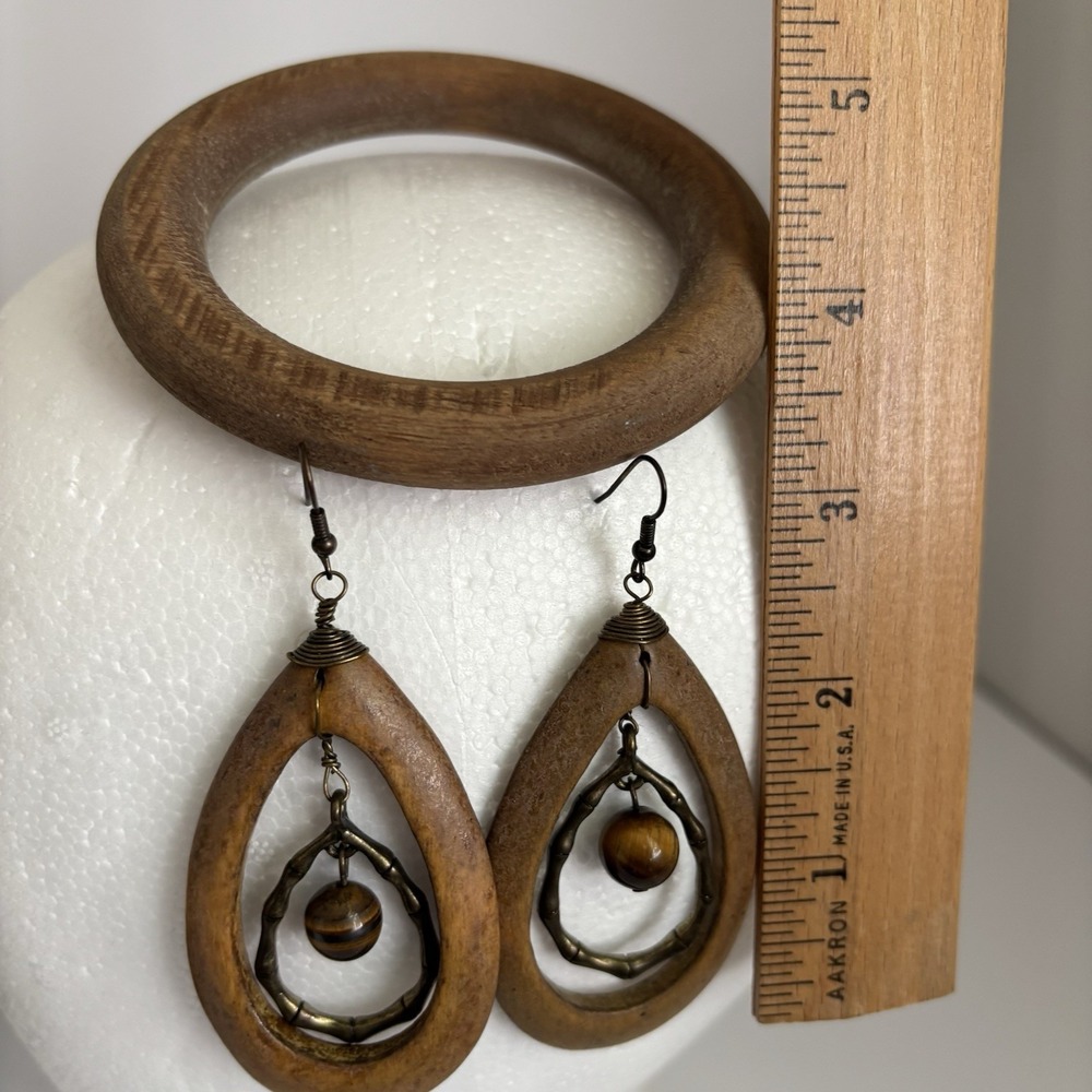 Vintage Wooden Bangle Bracelet And Wood And Metal Teardrop Earrings